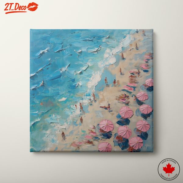 Vibrant Beach Scene with Umbrellas and Waves