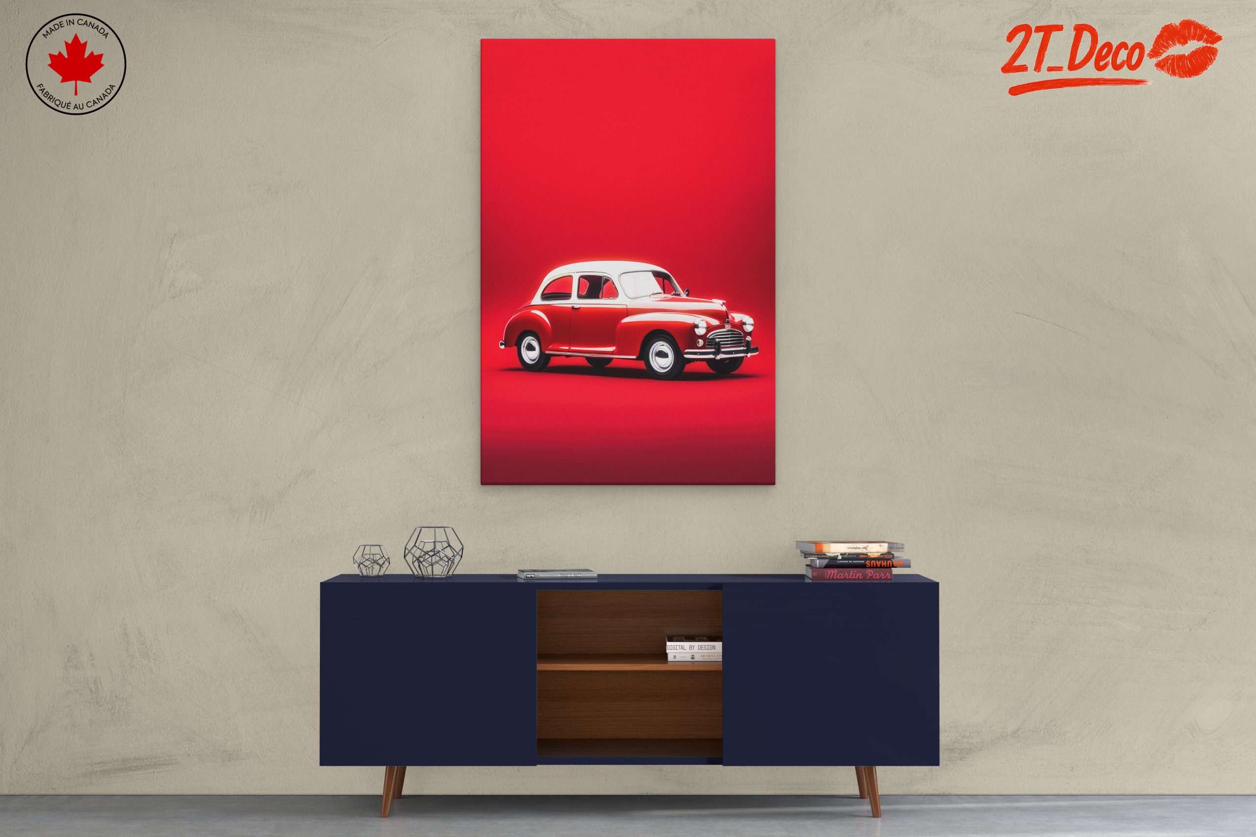 Vintage Red Classic Car Art - Image 3