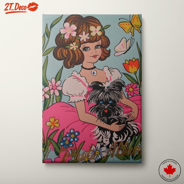 Whimsical Girl with Dog and Flowers