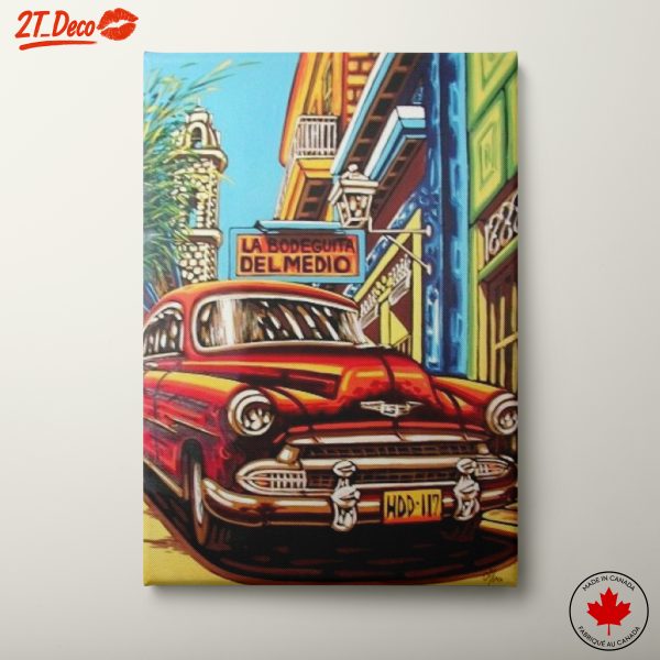 Vintage Red Classic Car in Colorful Street Scene