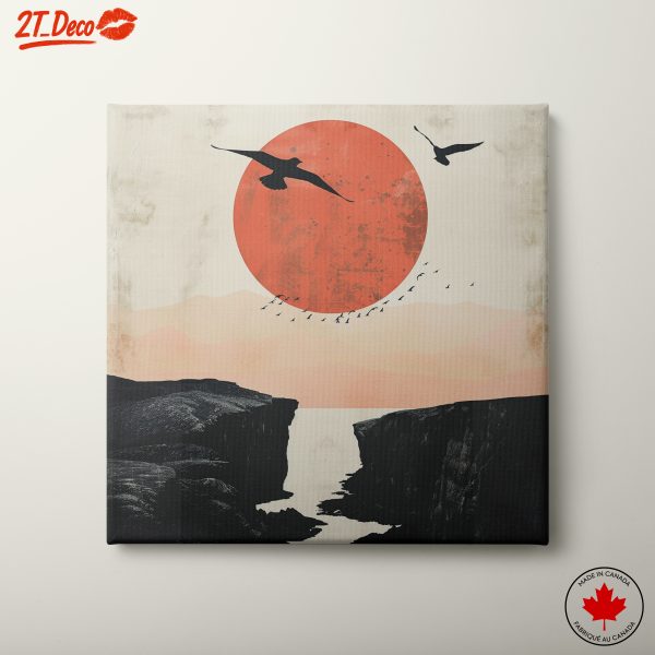Stylized Abstract Landscape with Sun and Birds