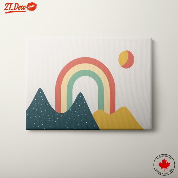 Colorful Abstract Interior Artwork with Rainbow and Mountains