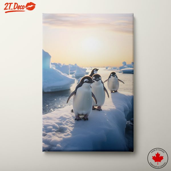 Cute Penguins on Ice in Sunset