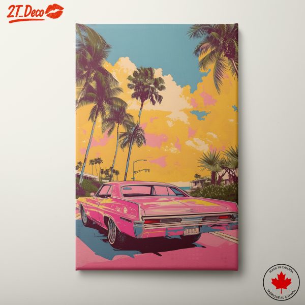Retro Pink Classic Car Beach Scene