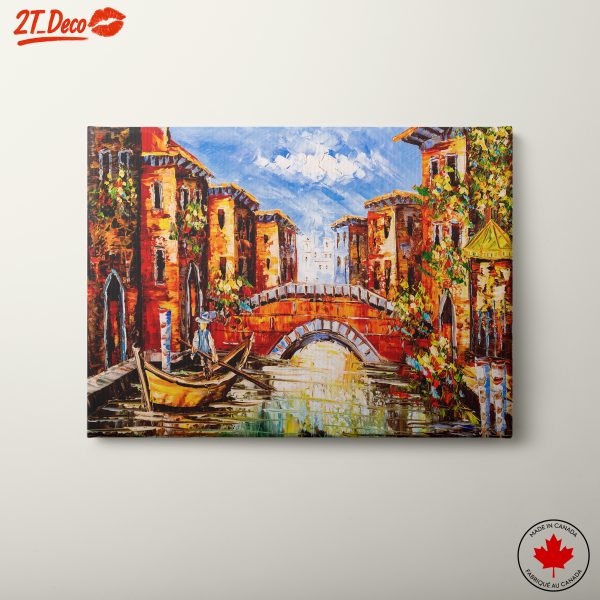 Vibrant Cityscape with Canal and Boat