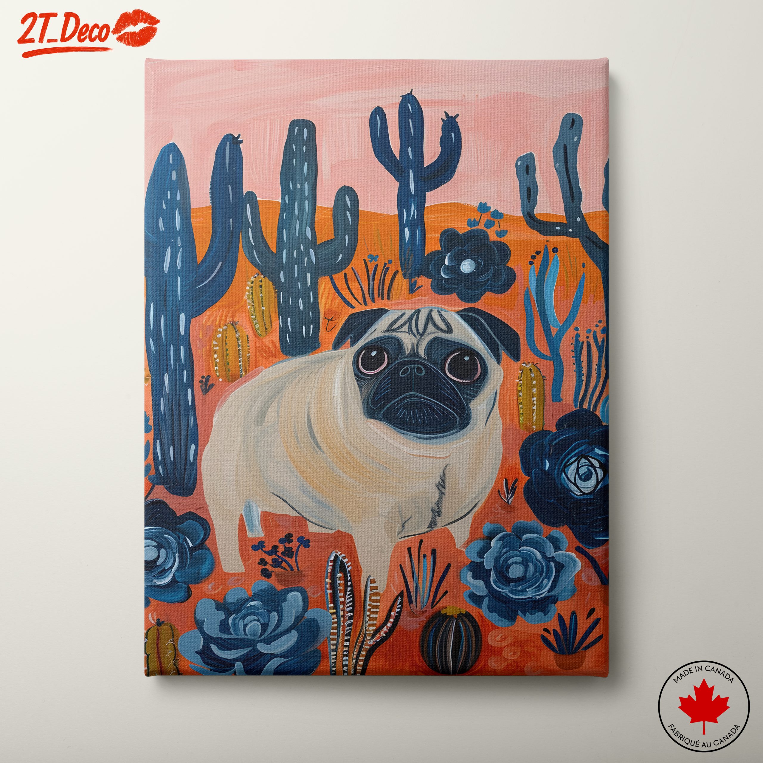 Playful Pug Surrounded by Cacti