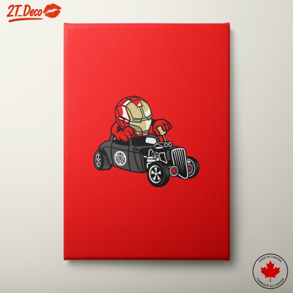 Cute Iron Man Character in Vintage Car