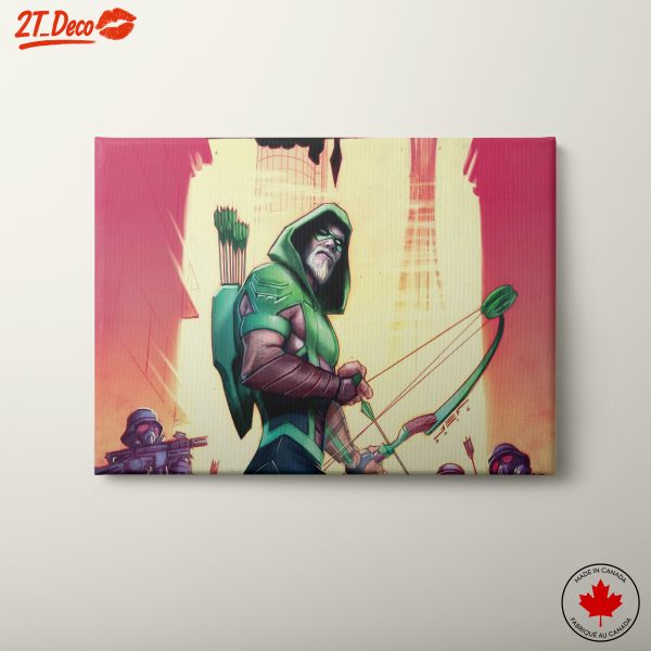 Green Arrow Artwork with Dynamic Urban Background
