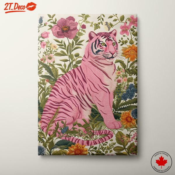 Pink Tiger Among Colorful Flowers