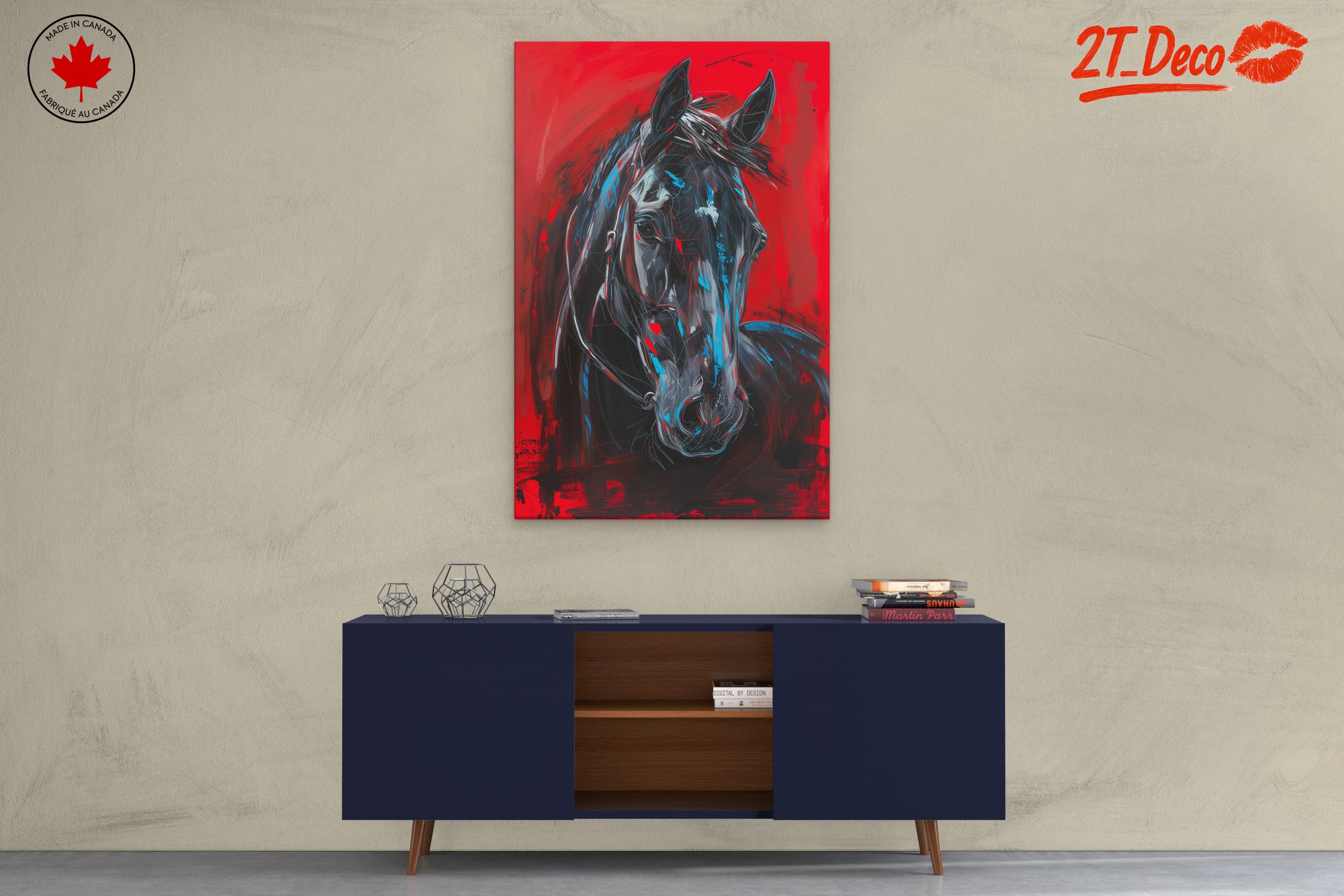 Striking Abstract Horse Portrait on Red Background - Image 3