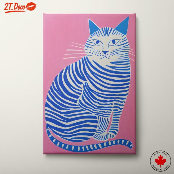 Blue and White Cat Art on Pink Background