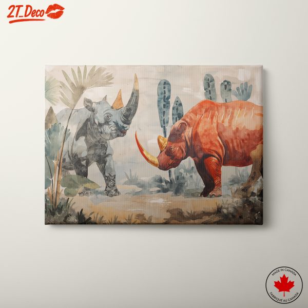 Stylized Rhinoceroses in Artistic Landscape