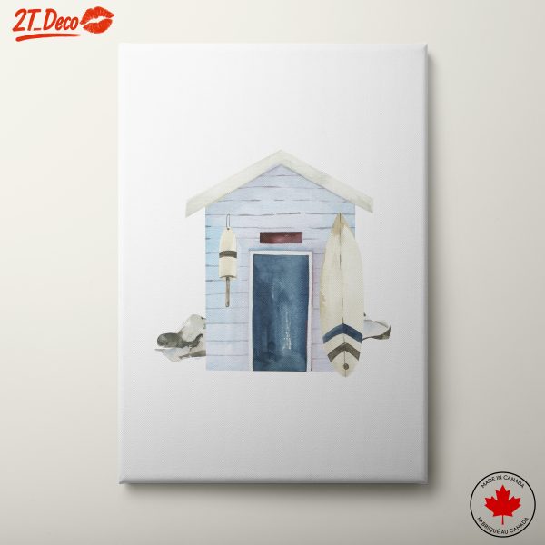 Watercolor Beach House with Surfboard