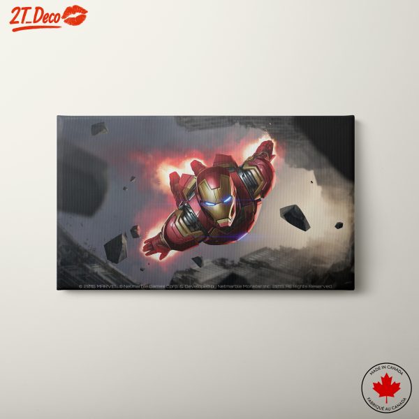 Dynamic Iron Man Art Flying Through Cityscape