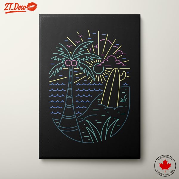 Neon Beach Scene with Palm Trees and Surfboard