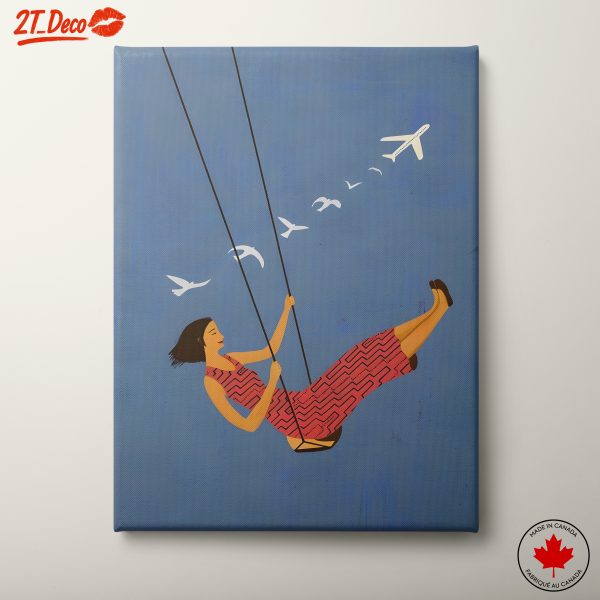Woman Swinging in a Blue Sky with Birds