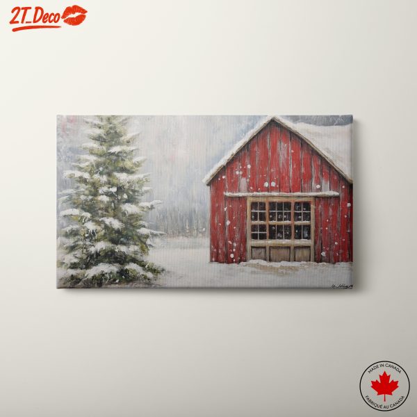 Winter Landscape with Red Barn and Pine Tree