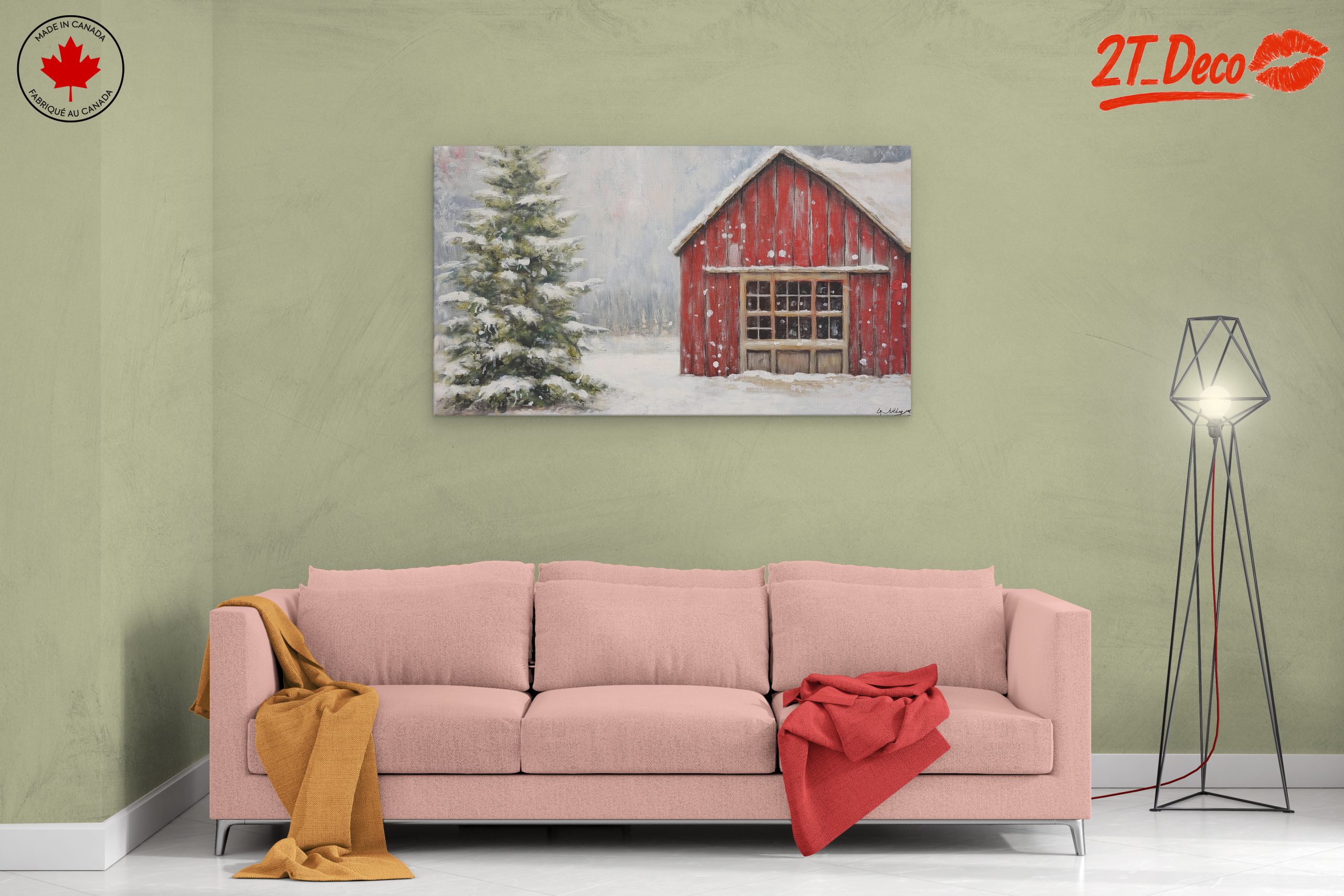 Winter Landscape with Red Barn and Pine Tree - Image 2