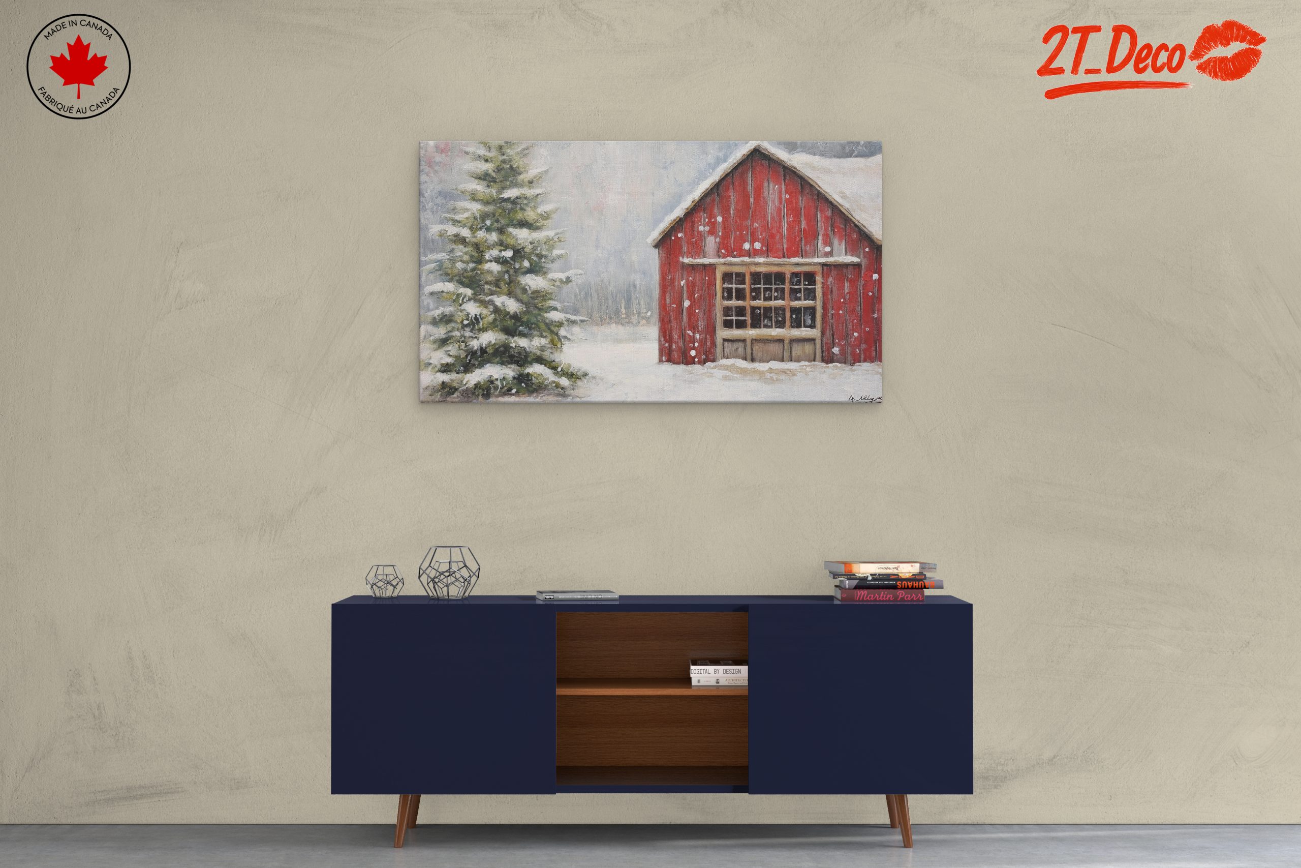 Winter Landscape with Red Barn and Pine Tree - Image 3