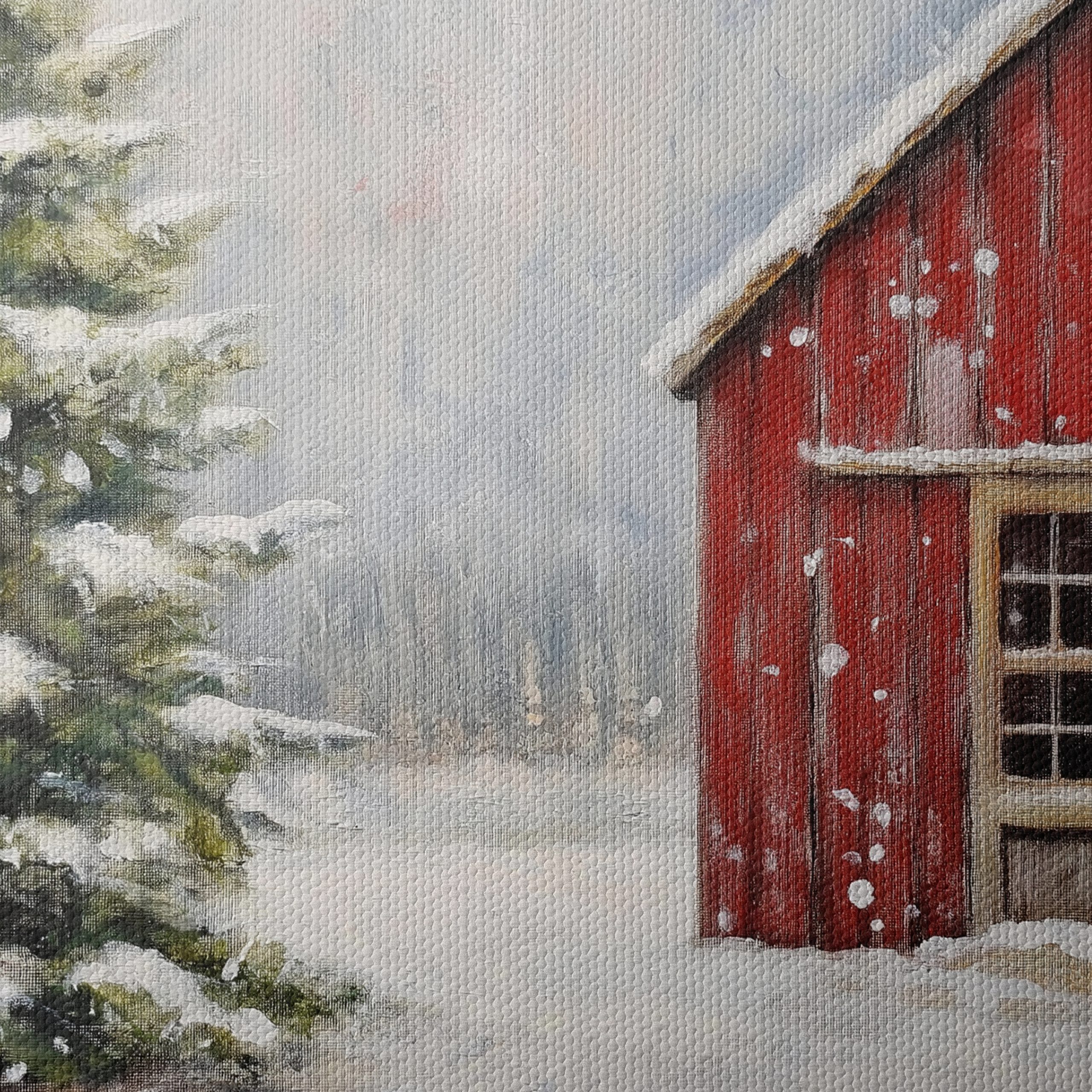 Winter Landscape with Red Barn and Pine Tree - Image 4