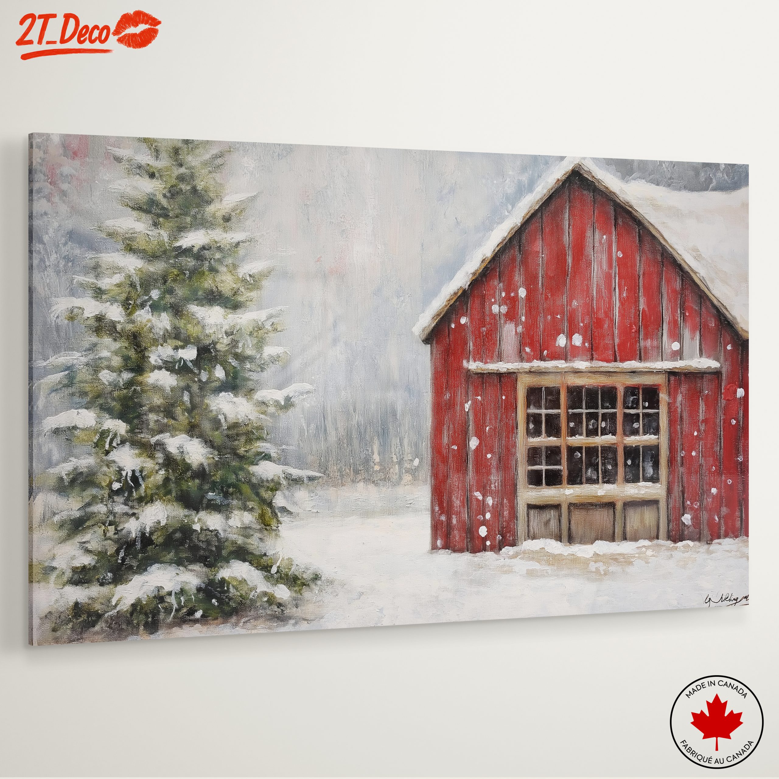 Winter Landscape with Red Barn and Pine Tree - Image 6