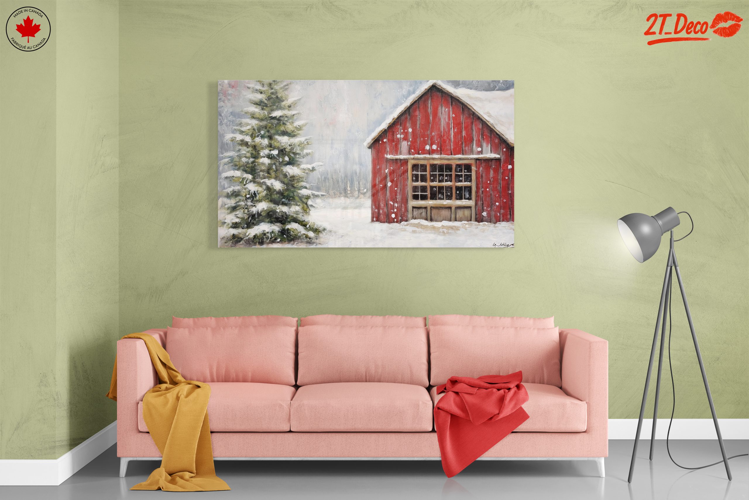 Winter Landscape with Red Barn and Pine Tree - Image 7