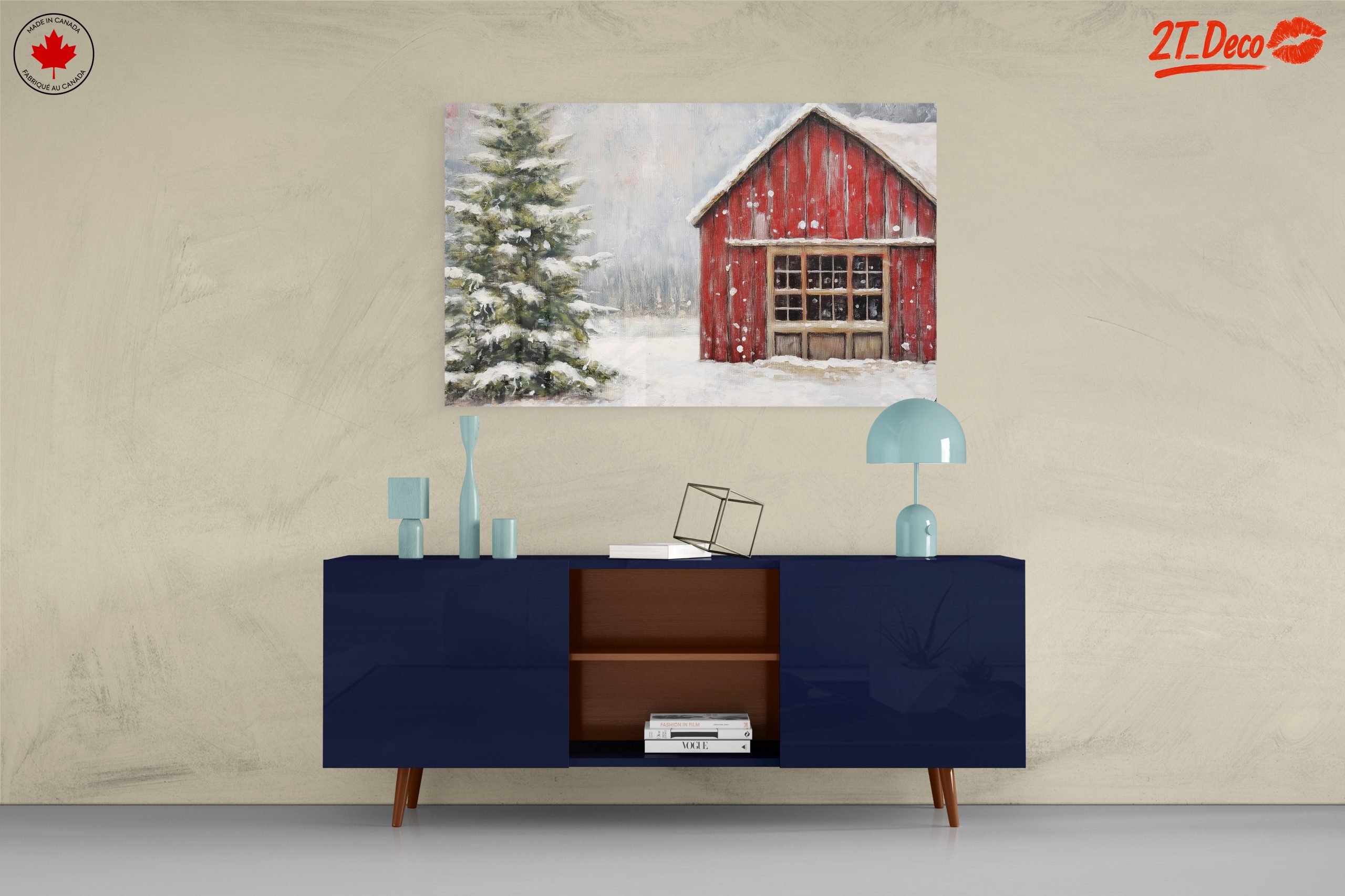 Winter Landscape with Red Barn and Pine Tree - Image 8