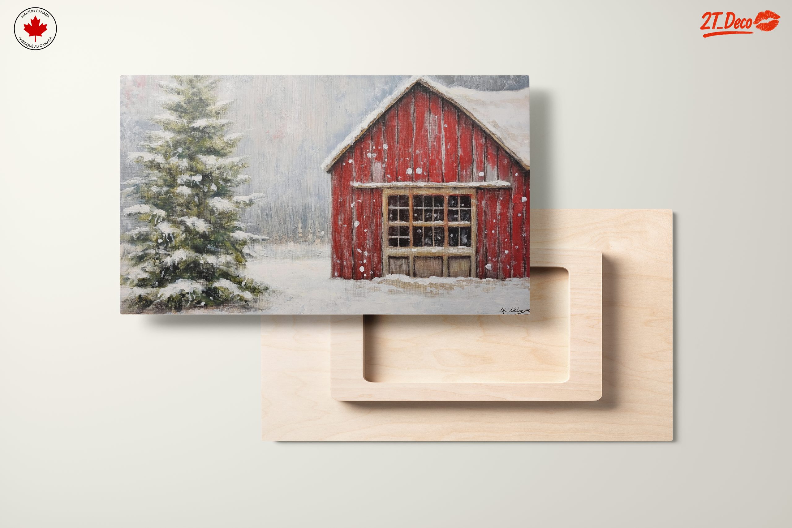 Winter Landscape with Red Barn and Pine Tree - Image 11