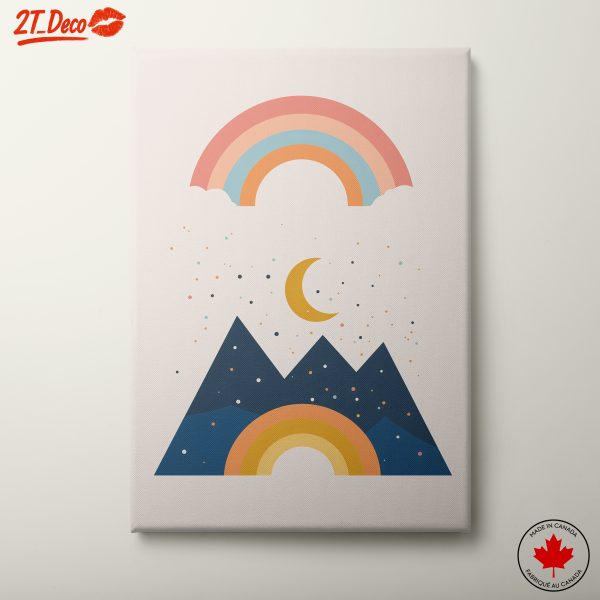 Playful Abstract Landscape with Rainbows and Moon
