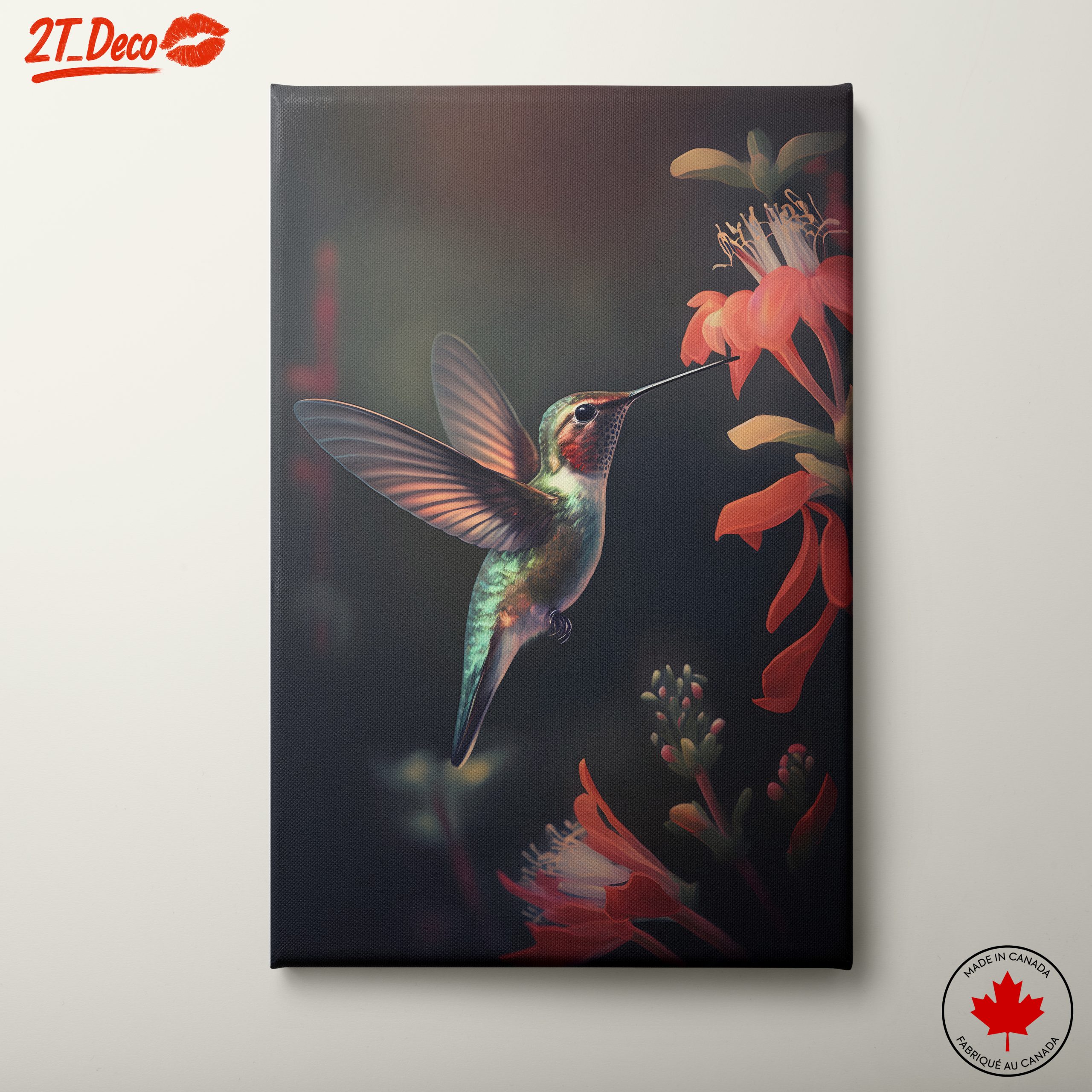 Realistic Hummingbird Near Vibrant Flowers