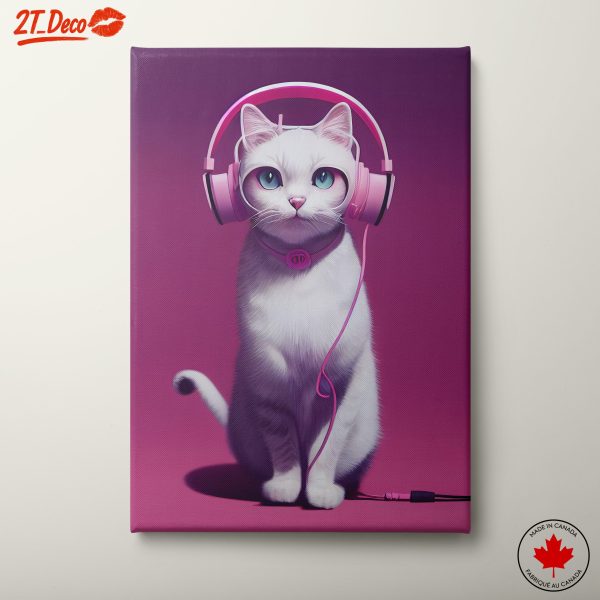 Cute White Cat with Headphones Art