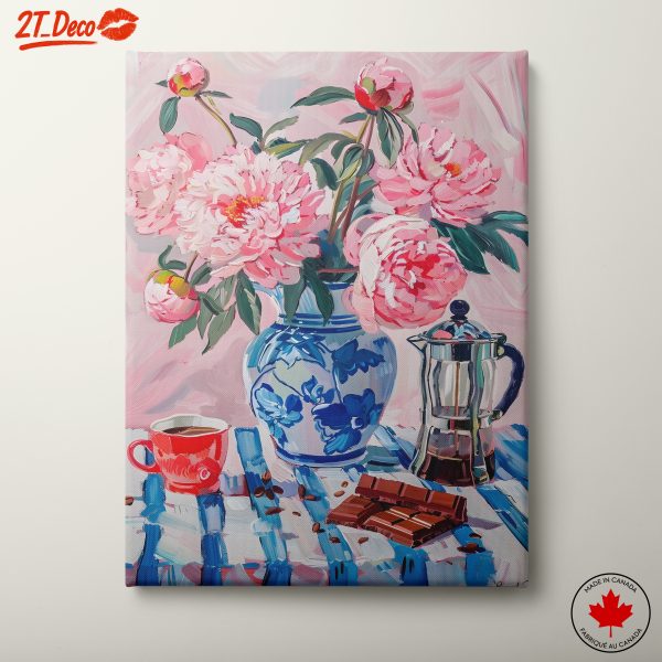 Peonies in Decorative Vase with Coffee