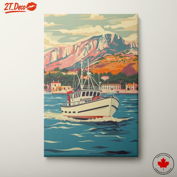 Vibrant Adventure Landscape with Boat and Mountains