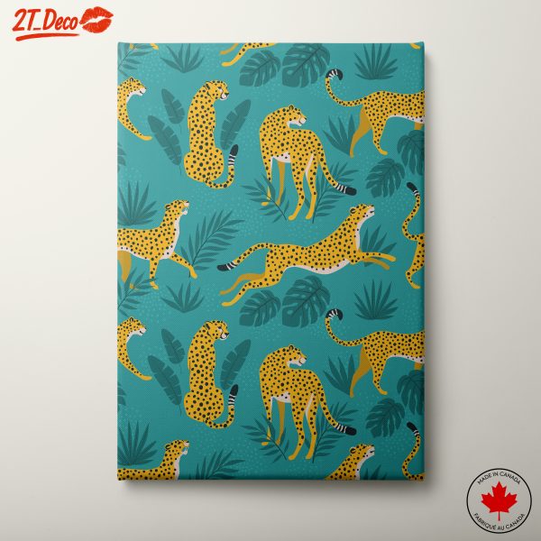 Stylized Leopard Artwork with Tropical Leaves
