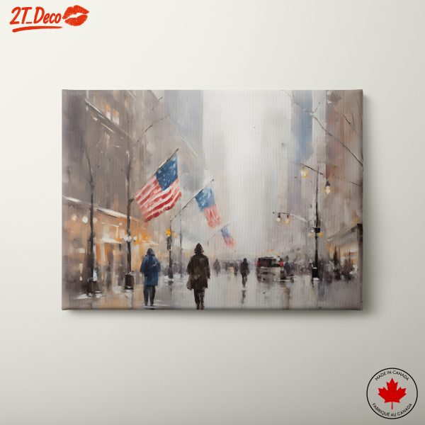 Foggy City Street with Flags