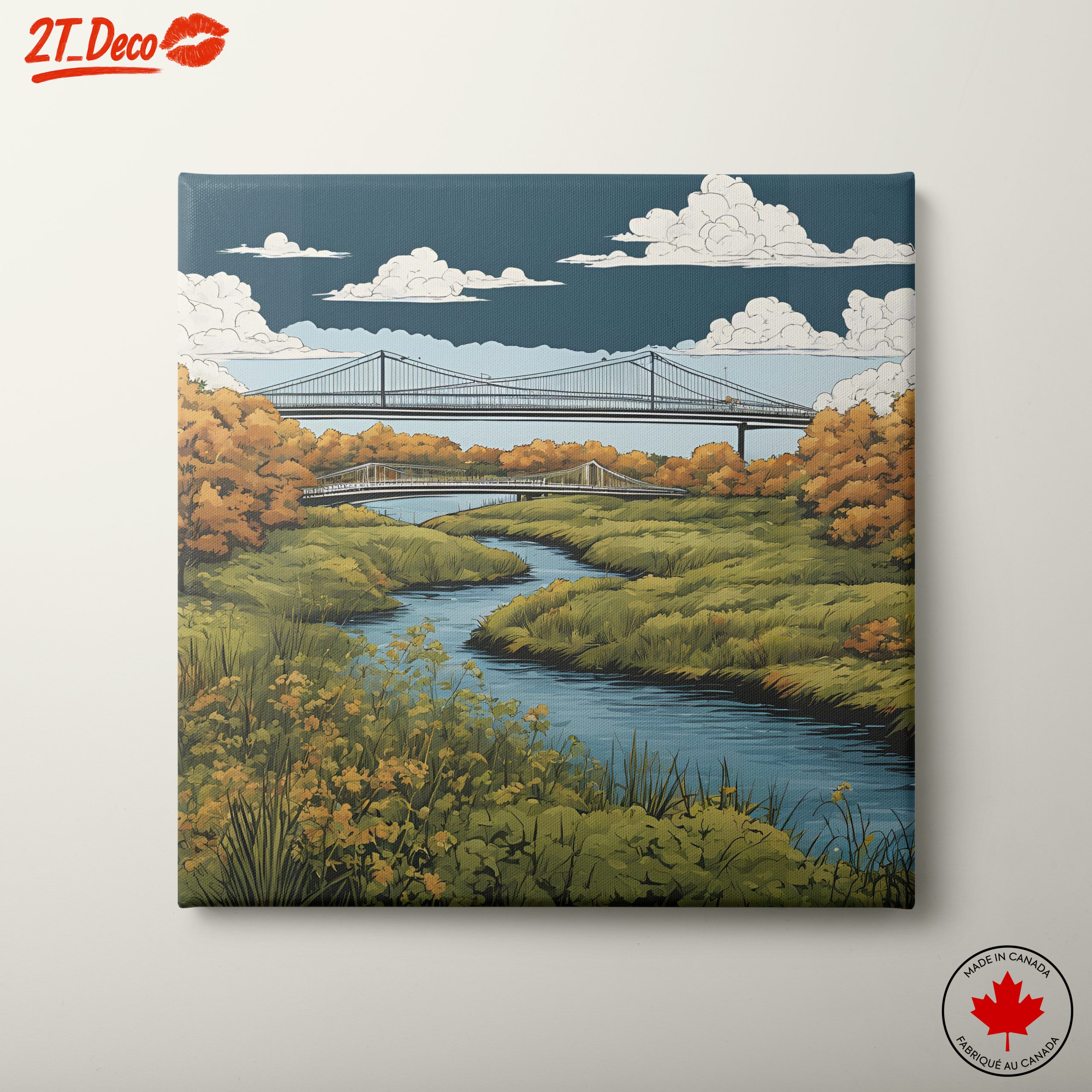 Serene River with Bridges Under Cloudy Sky