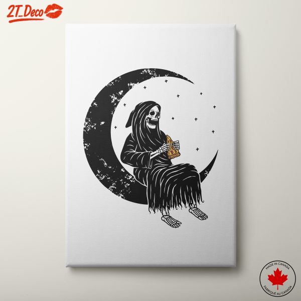Gothic Skeleton Eating Pizza Under the Moon