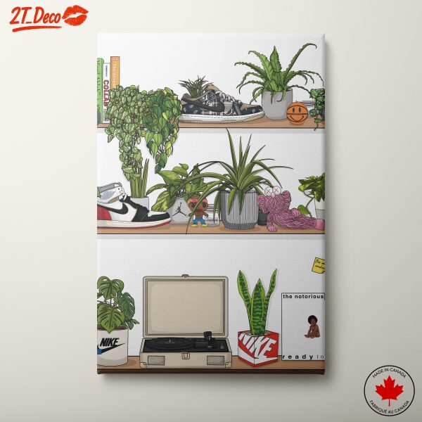 Playful Shelf Arrangement with Sneakers and Plants