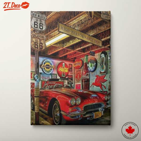 Vintage Red Car in Retro Garage Setting