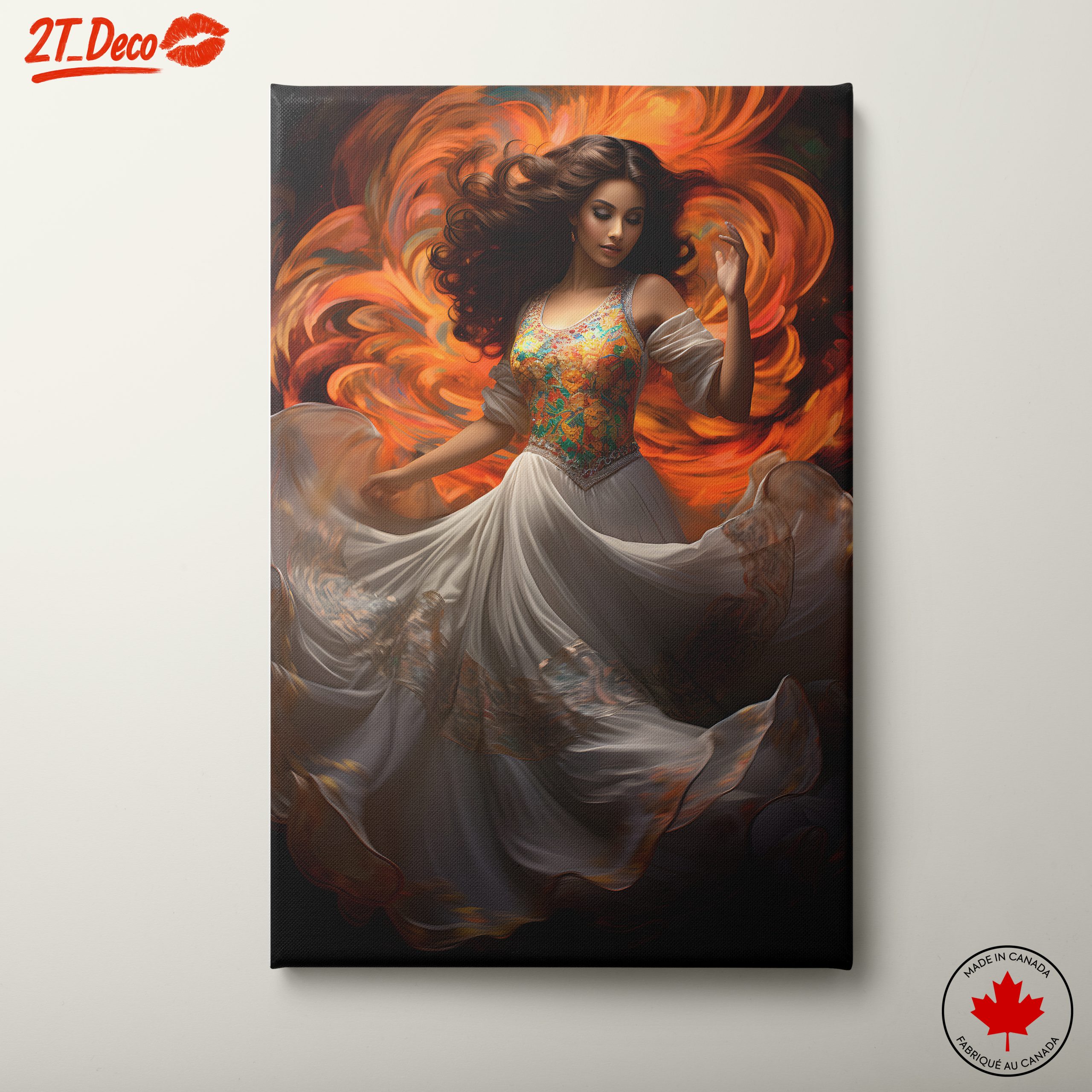 Elegant Woman Dancing in Vibrant Swirls