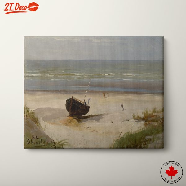Beach Scene with Sailboat and Figures