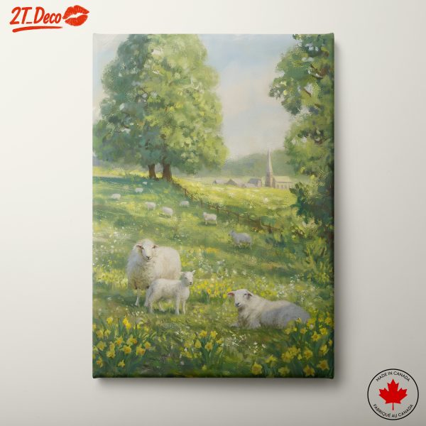 Peaceful Farm Scene with Sheep and Flowers