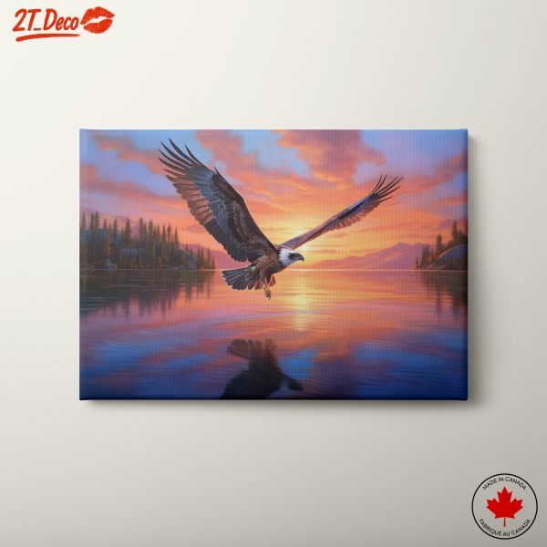 Soaring Eagle Over Tranquil Lake at Sunrise