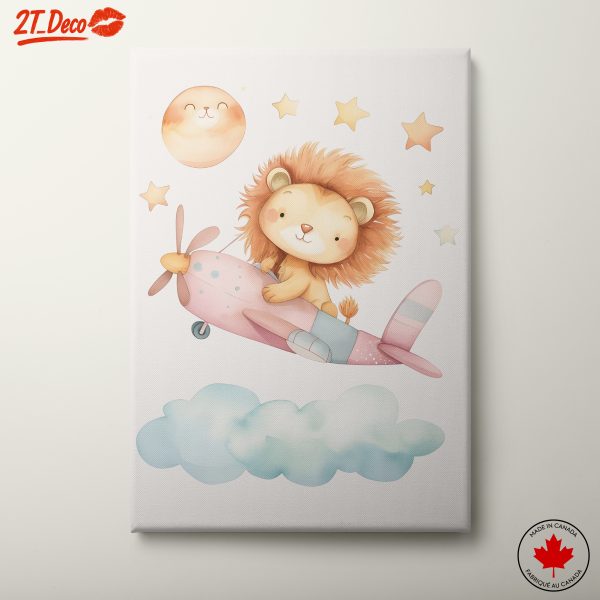 Whimsical Lion in Plane with Stars