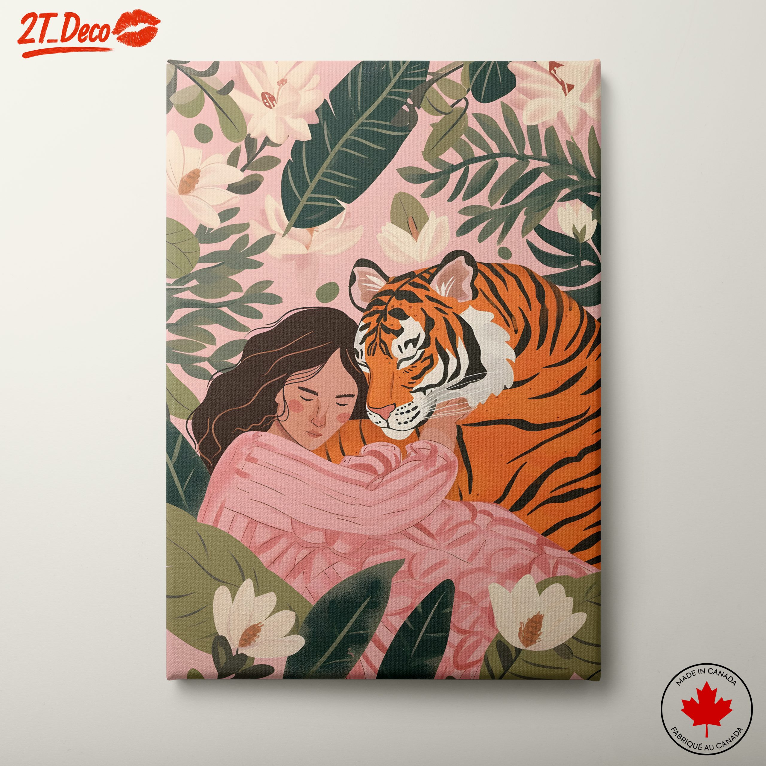 Woman Embracing Tiger in Flowering Jungle