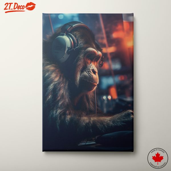 Monkey in Headphones Engaged in Gaming