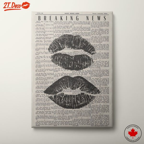 Bold Kiss Art on Vintage Newspaper