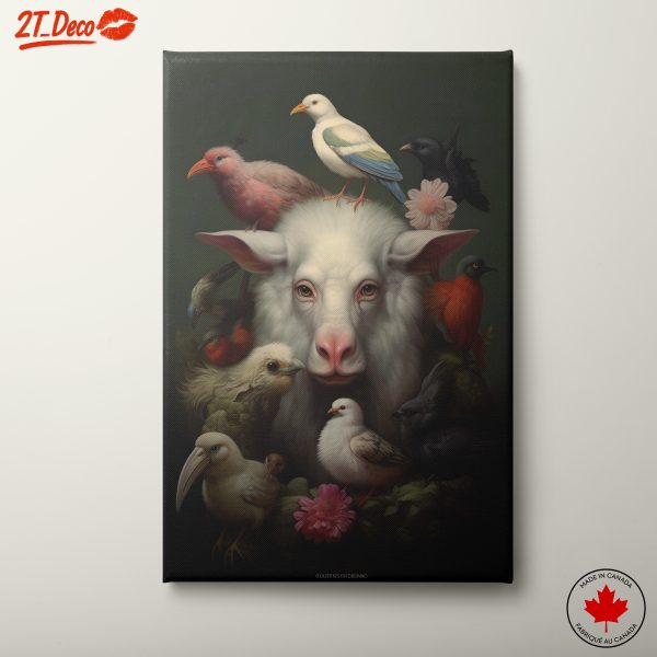 Sheep Surrounded by Colorful Birds