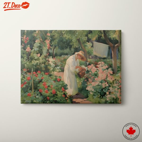 Woman Watering Flowers in a Lush Garden