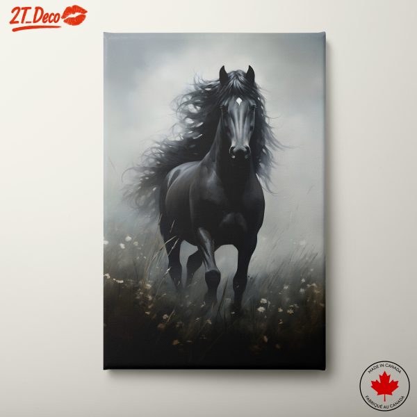 Majestic Black Horse in Ethereal Landscape